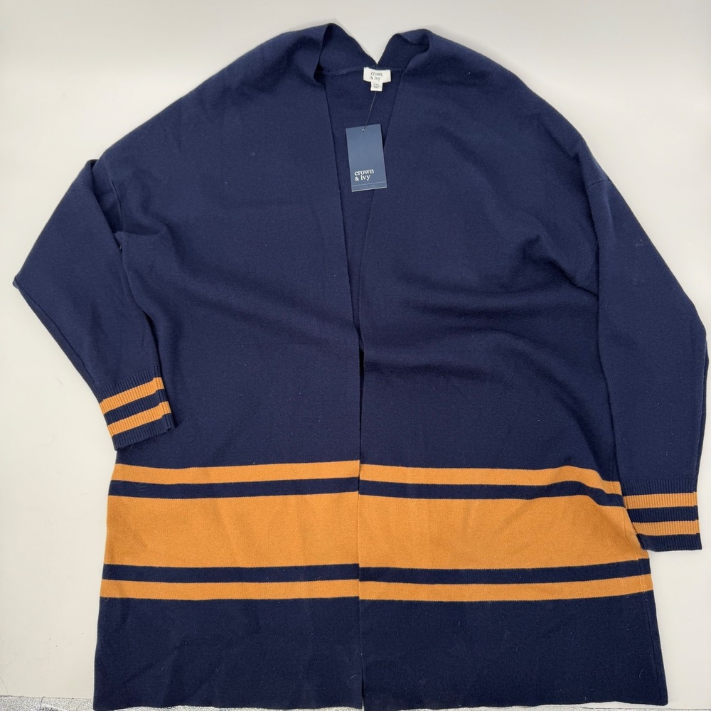 NWT Women's XXL Navy Camel Stripe Long Duster Cardigan Old Money Chic Classic - Picture 2 of 6